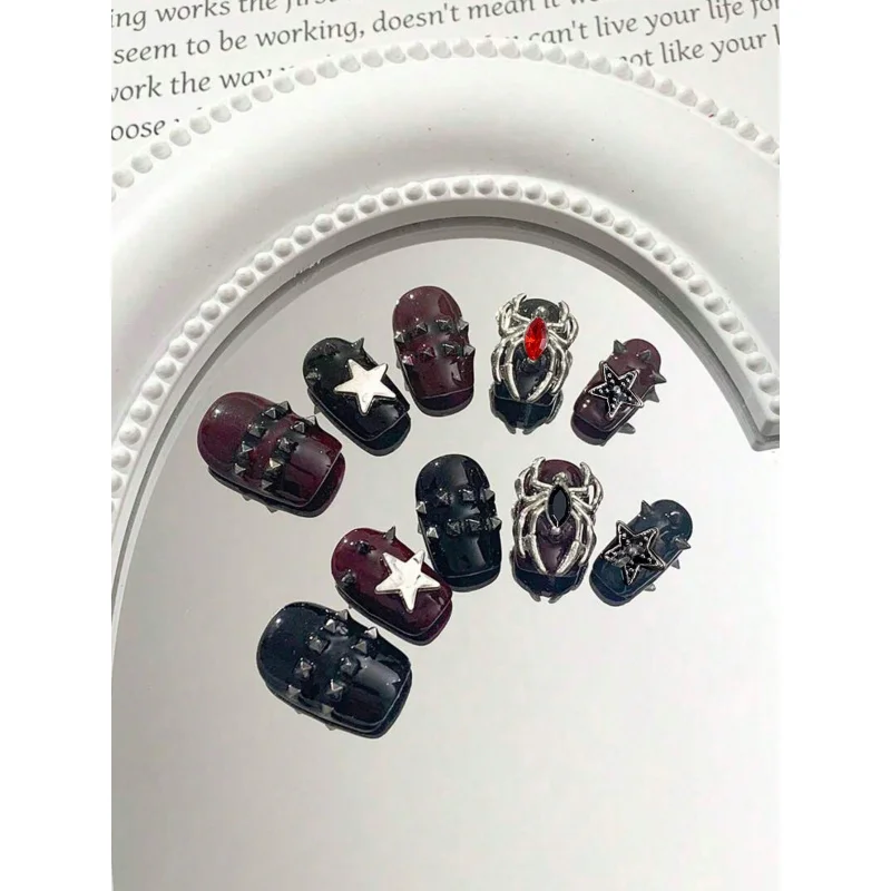 10pcs Short Square Shape Handmade Y2K/Grunge Style 3D Rivet, Spider, Rhinestone Accent Press-On Nails, Random Colors image 4