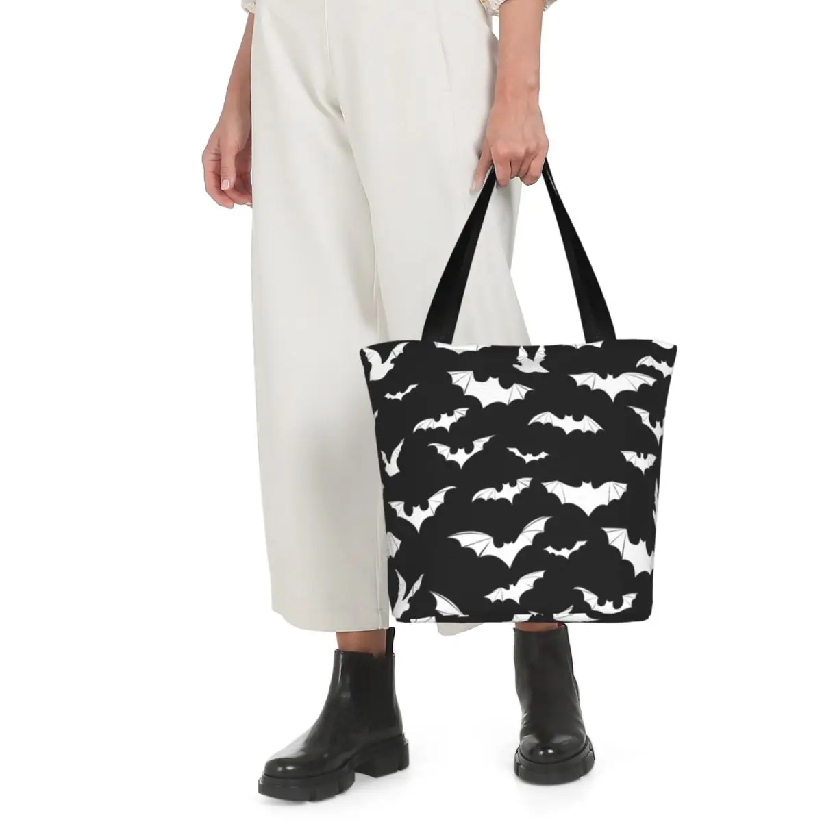 White Bat Shopping Bag Flying Bats Art Shopping Cloth Handbags Women Bulk Funny Bags Halloween Bat Shoulder Tote Bag