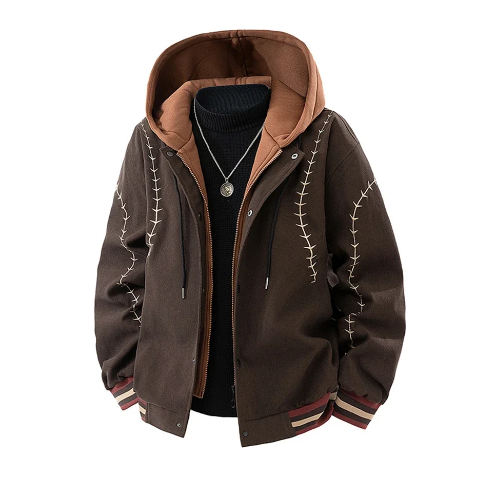 2026 New Men's Zipper Hoodie Jacket Fake Two-piece Embroidery Design Spring Autumn Casual Fashion Hooded Coat Male Streetwear Ou