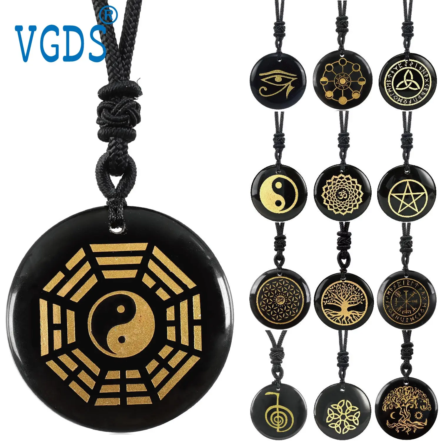 

Reiki Energy Divination Exorcism Chakra Rune Symbol Healing Pendant Powerful Protection Amulet Natural Obsidian Jewelry Necklace