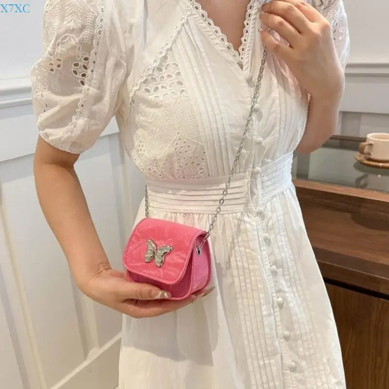 

X7XC Delicate Small Crossbody Bag for Teens Shoulder Purse with Metal Butterfly Decoration Chain Strap Essential Storage