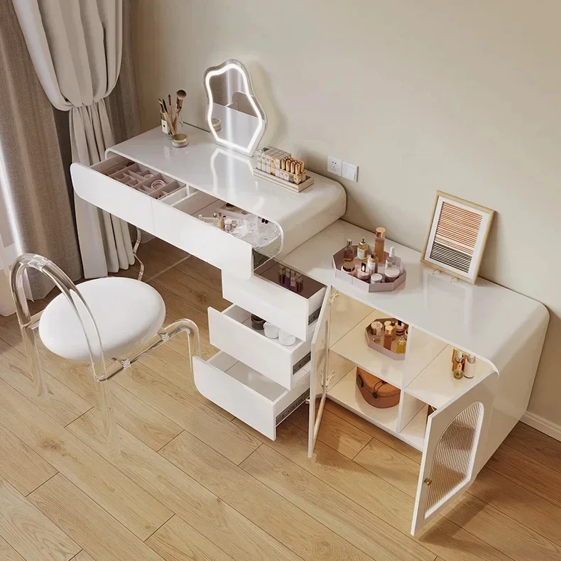 A  Bedroom Dresser Storage Chest of Drawers Integrated Modern Minimalist Dresser Cream Wind Retractable Solid Wood Makeup Table