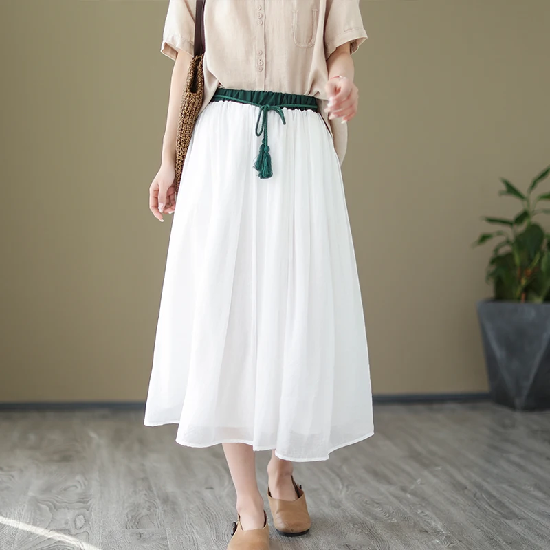 2023 New Summer Vintage Solid Color Lace-up Casual Women Elastic Waist Skirts A-line Skirt Female Fashion Cute Clothing