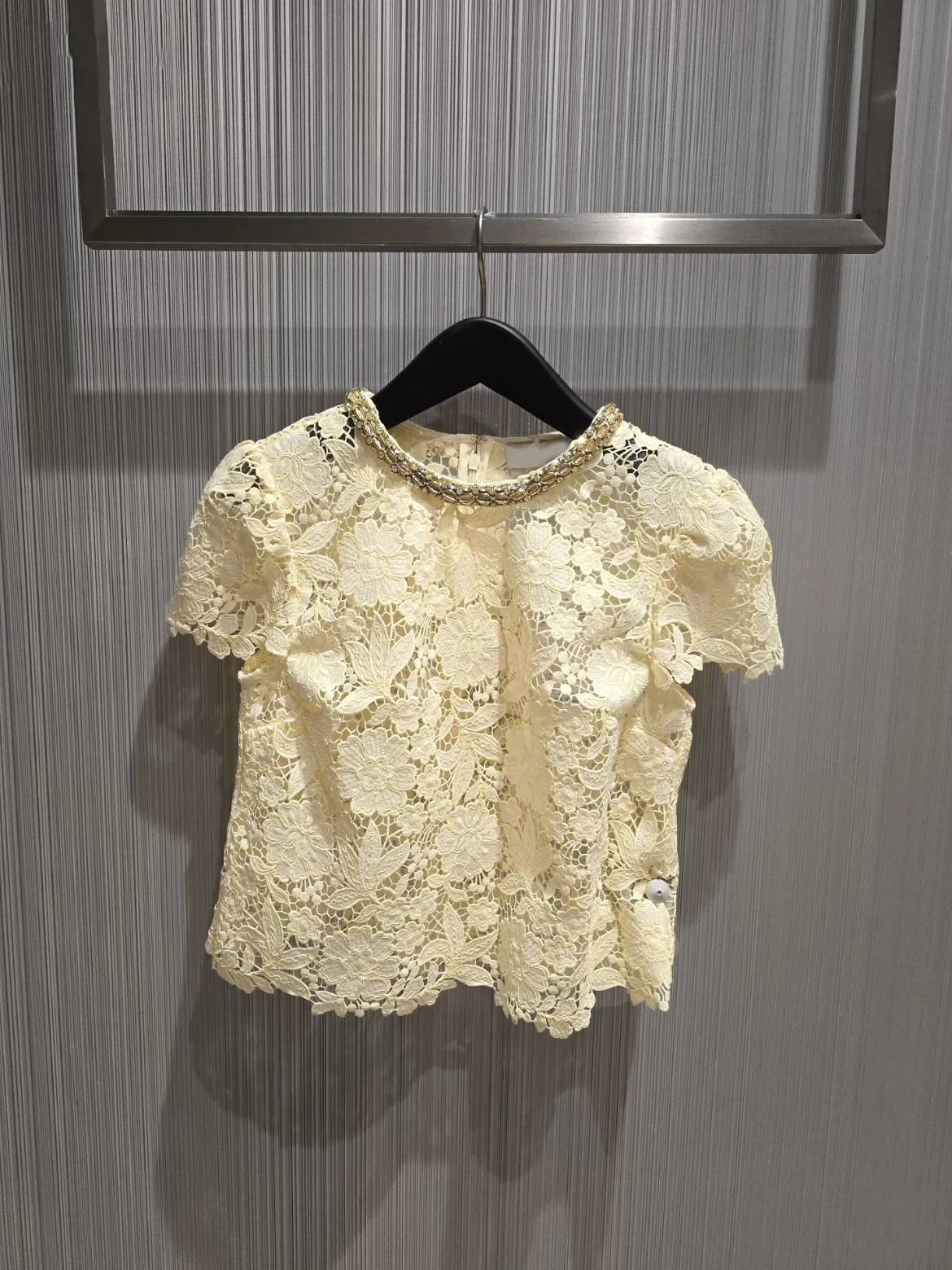 

Yellow Lace Shirt Hollow out Design Crystal Collar Spring Summer Elegant Style Women's Polyester Fiber Short Sleeve round Neck