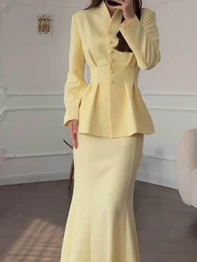 Temperament V-neck Button Pleat Blazer&Half Skirts Sets Casual High Waist Skirts Sets Elegant Vintage Solid Slim Commute Outfits