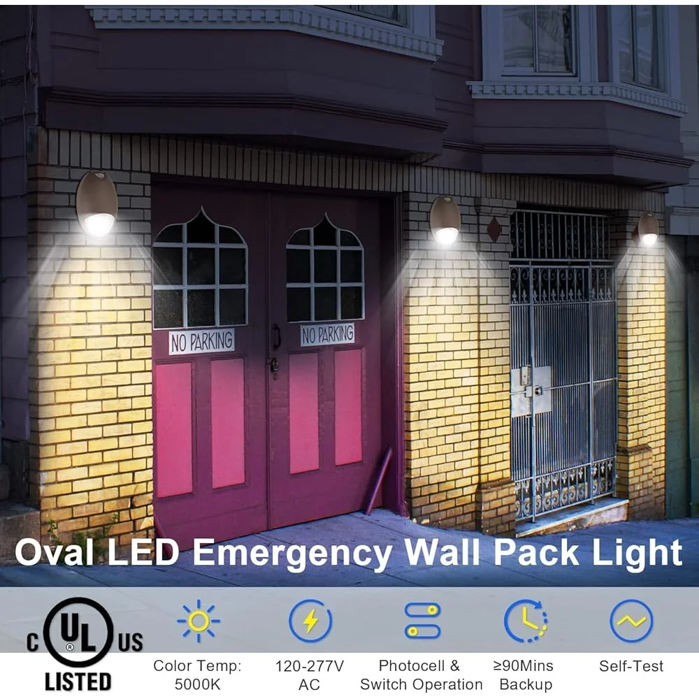 12W  Outdoor Emergency Wall Pack Light Battery Backup Photocell Sensor IP65 Waterproof Self-Diagnostic Design Commercial Use