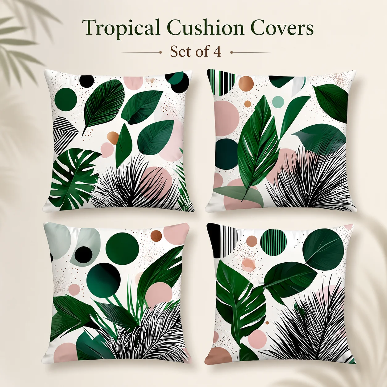 

4Pcs Set 2D Flat Printed Peach Skin Cushion Covers Tropical Green Leaves Abstract Boho Throw Pillow Case For Living Room Sofa