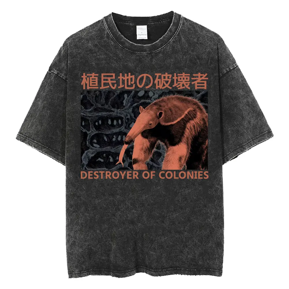 Funny Destroyer of Colonies Anteater Humor T Shirt Japanese Style Vintage Washed T-shirts Unisex Summer Tops Short Sleeve Tshirt