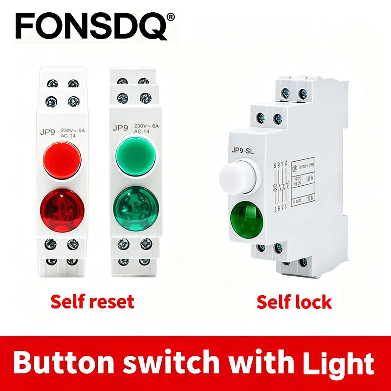 DIN Rail Mount 18MM Push Button Switch With Lamp DC12V DC24V AC230V Momentary Latching Indicator Signal Light
