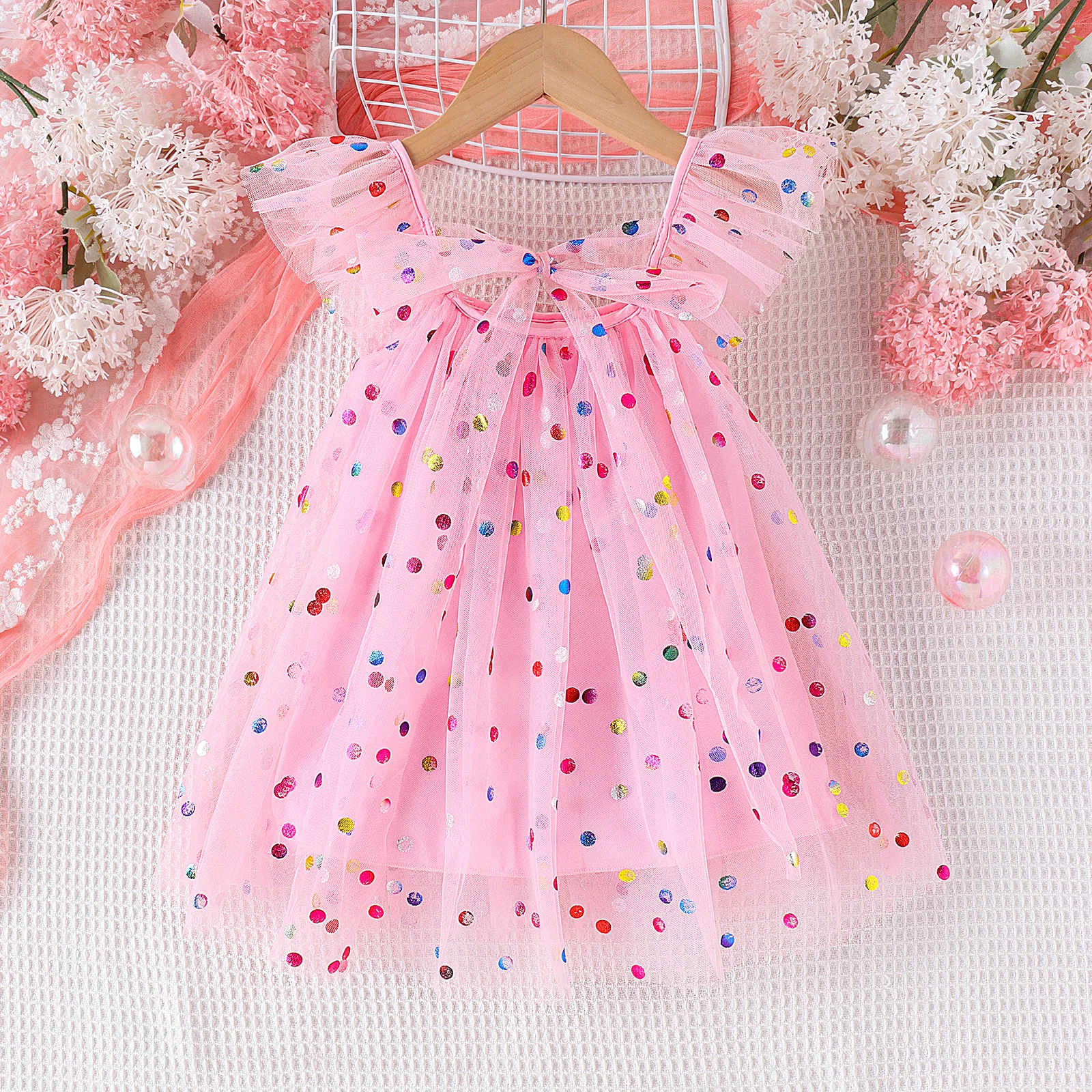 Summer New Style For 1-4 Year Old Girls, Comfortable, Gentle, Sweet And Lovely Flying Sleeve Printed Mesh A-Line Dress