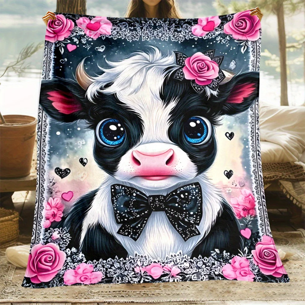 Cute cow with bow tie pink roses floral blanket kawaii animal blanket soft plush blanket for girls bedroom decor gift idea
