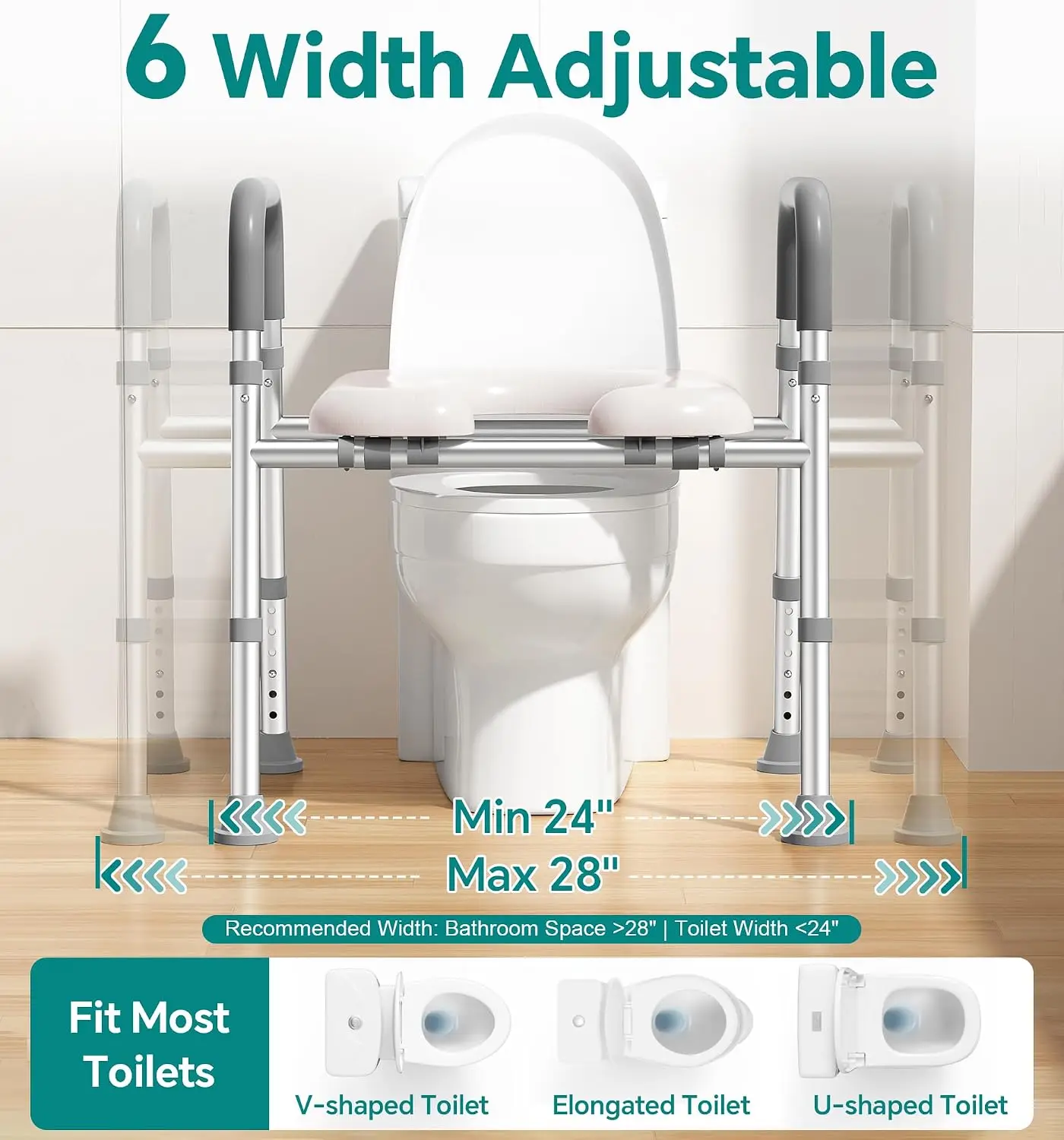 soundfuse Toilet Seat Risers for Seniors with Handles & Cozy Padded Seat | Adjustable Height & Width, 400lb, Durable Aluminum Fr
