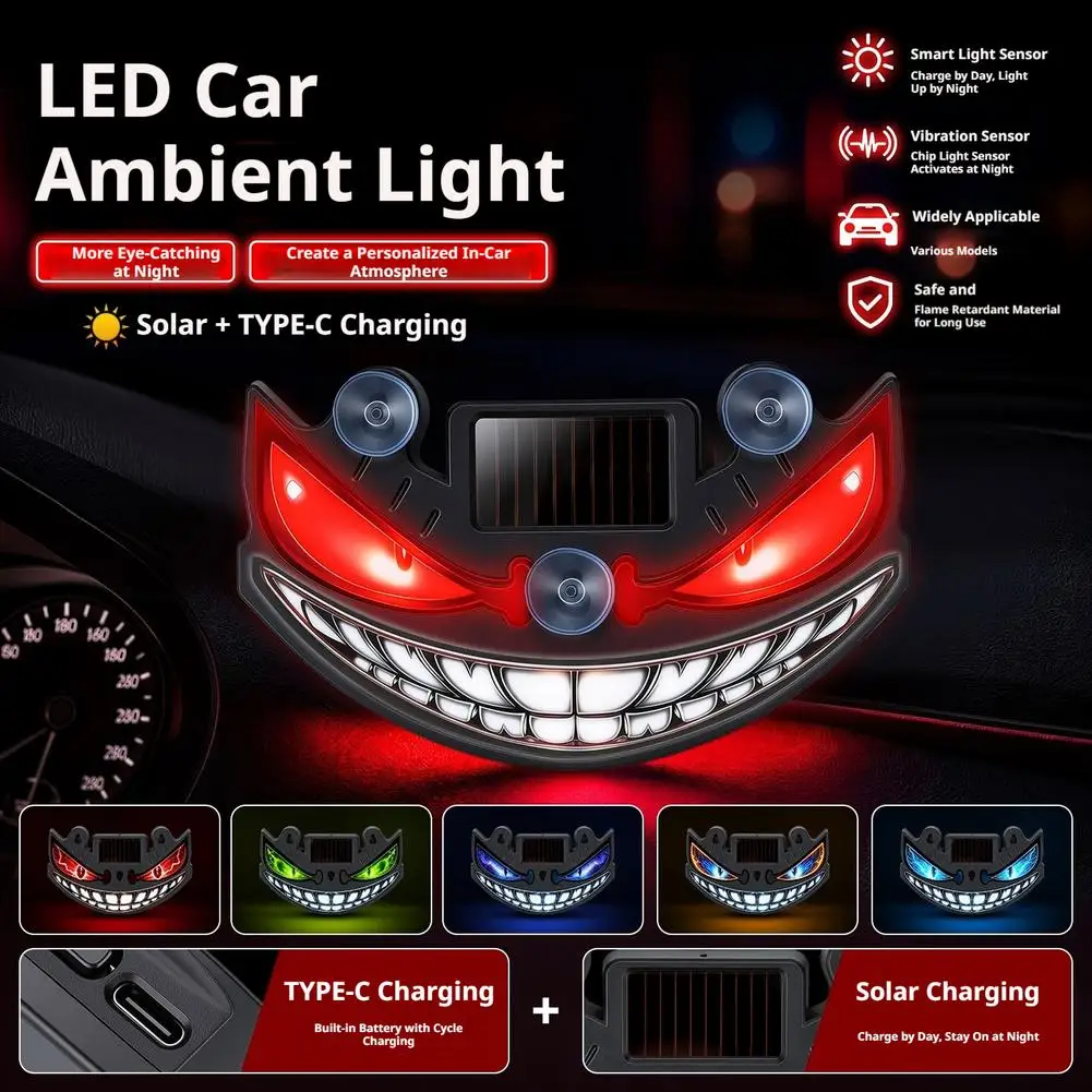 Dynamic Devil Smile Car LED Warning Light,Solar & Type-C Dual Charging Ambient Lamp with Motion Sensor,Suction Mount Auto Decor