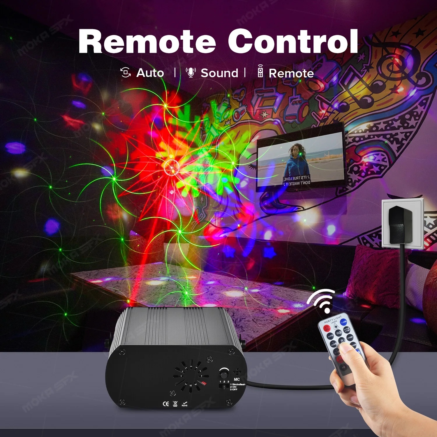 MOKA DJ Party Light Snowflakes Laser Light 16 Patterns Remote Control LED Disco Lighting for Christmas Halloween