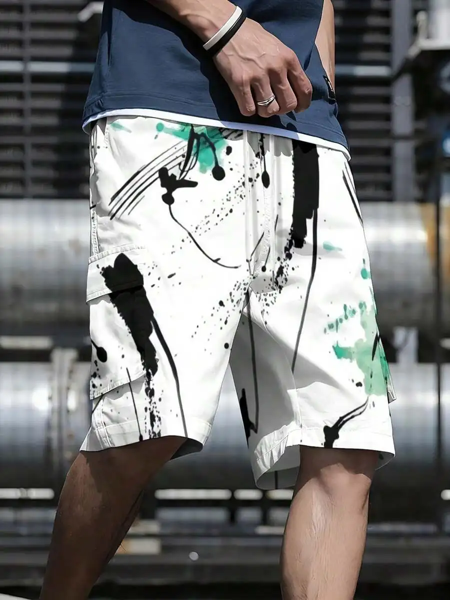 

Mens Digital Print Loose Cargo Shorts With Multiple Pockets