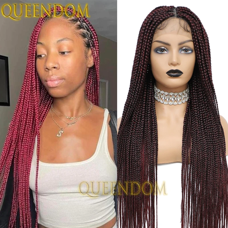 36 Inch Ombre Burgundy Synthetic Full Lace Wig Knotless Box Braided Plait Wig Natural Cornrow Square Part Braids Wigs for Women