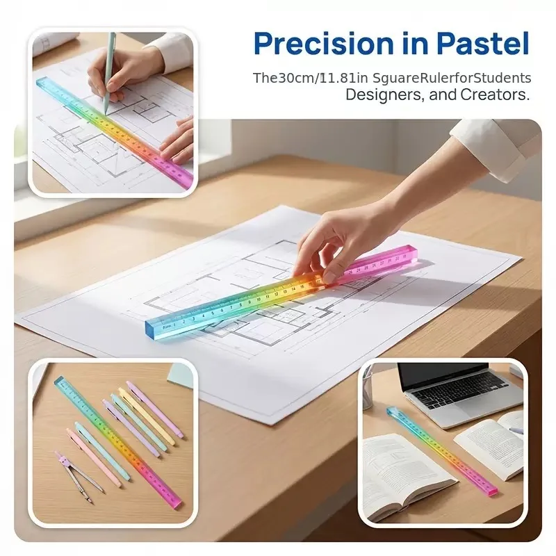 30Cm/20Cm/15Cm Colorful Rulers and Cube Rulers, Transparent Gradient Acrylic Square Stick Rulers, Student Drawing Rulers, Math Teaching Tools, Multifunctional Rulers