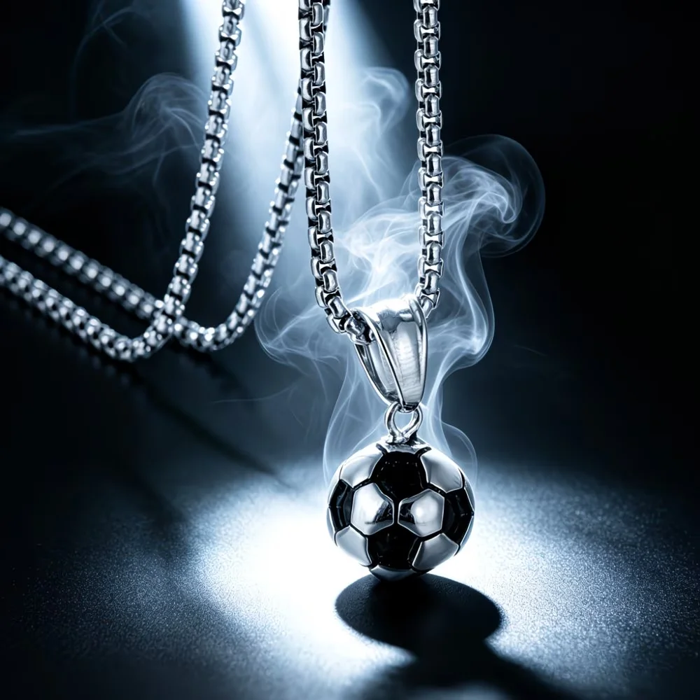 1pc Stainless Steel 3D Football Pendant Necklace Two-tone Cube Pearl Link Design Football Casual Sports Additions for Daily Wear