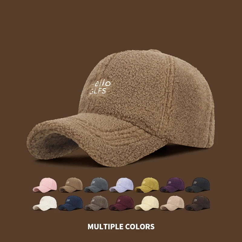 Winter Women's New Style Warm Korean Fashion Double Fleece Lamb Wool Embroidered Warm Versatile Visor Hat Fluffy Baseball Cap