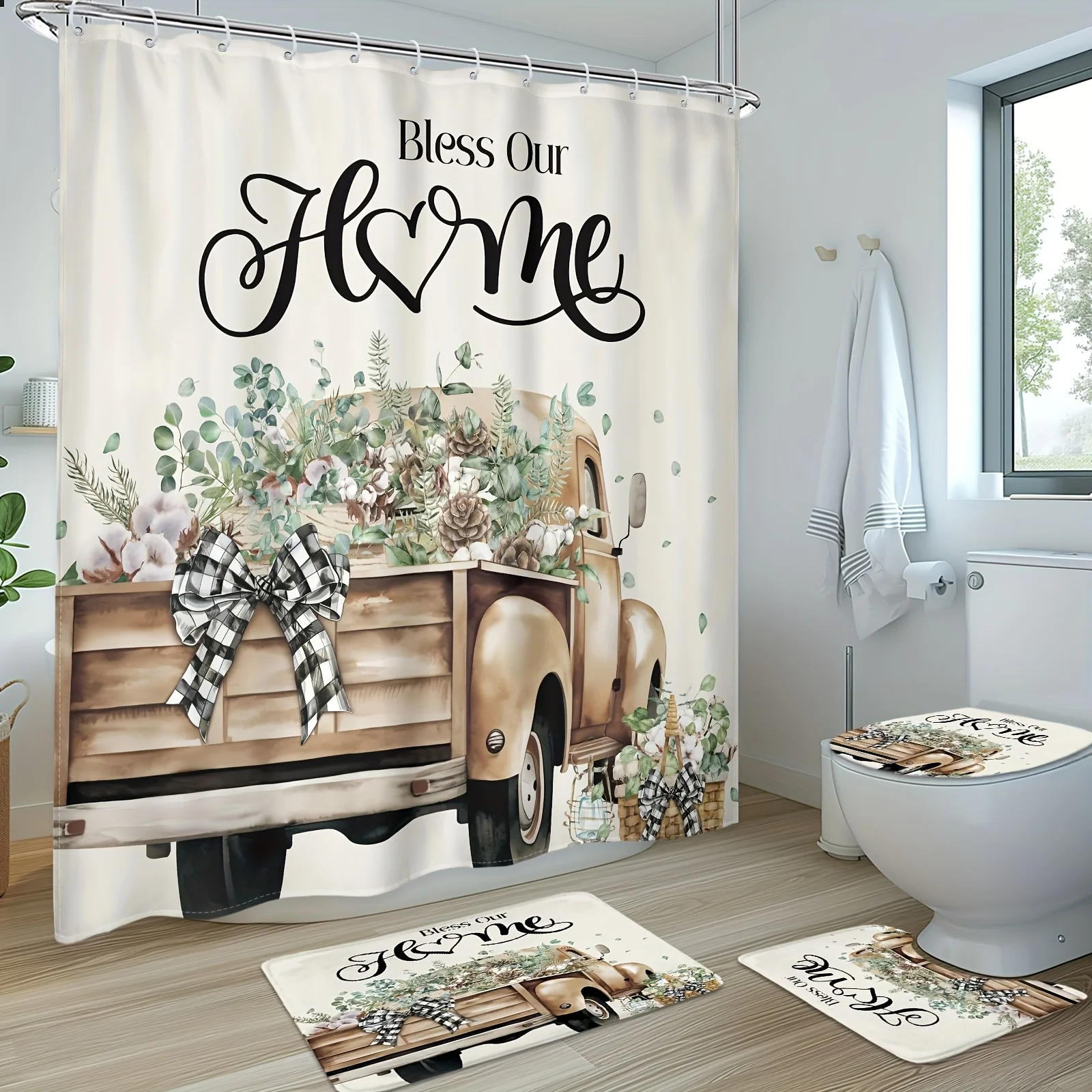 Bless Our Home Farmhouse Bathroom 4-Piece Set: Shower Curtain, Bath Mat, Toilet Cover, and Tank Cover – Rustic Home Decor