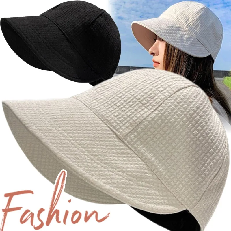 2024 Hat Women\'s Autumn Waffle Bucket Hat Women\'s Solid Color Drawstring Peaked Cap Wide Brim Sunshade Fisherman Hats Sunshade