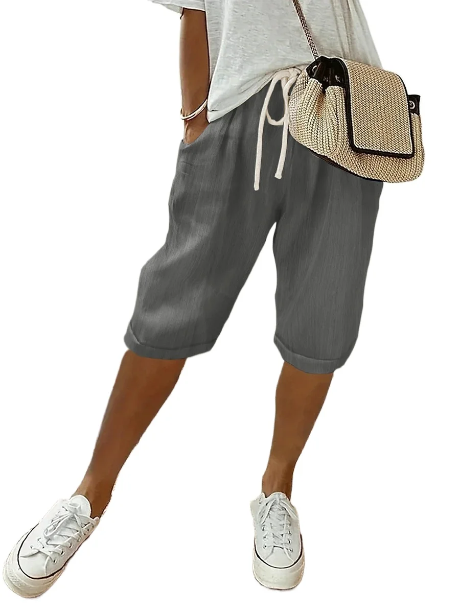 Summer Women Casual Drawstring Knee Length Shorts Elastic Waist Loose Wide Leg Bermuda Pants With Pockets Streetwear