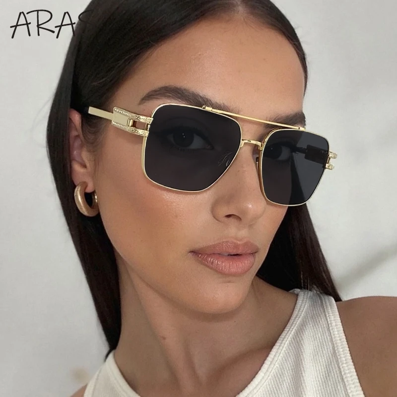 

Винтажные большие квадратные солнцезащитные очки для женщин, 2021, роскошные брендовые солнцезащитные очки с двойным лучом в металлической оправе, стимпанк, UV400, оттенки очков