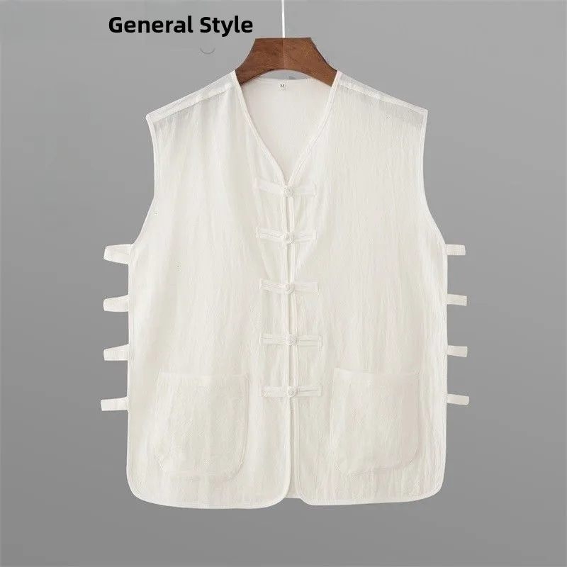 Beijing Style Men's Sleeveless Linen Vest Traditional Chinese Summer Fashion Casual Mid-aged Pure Color Tang Suit Shoulder Pad