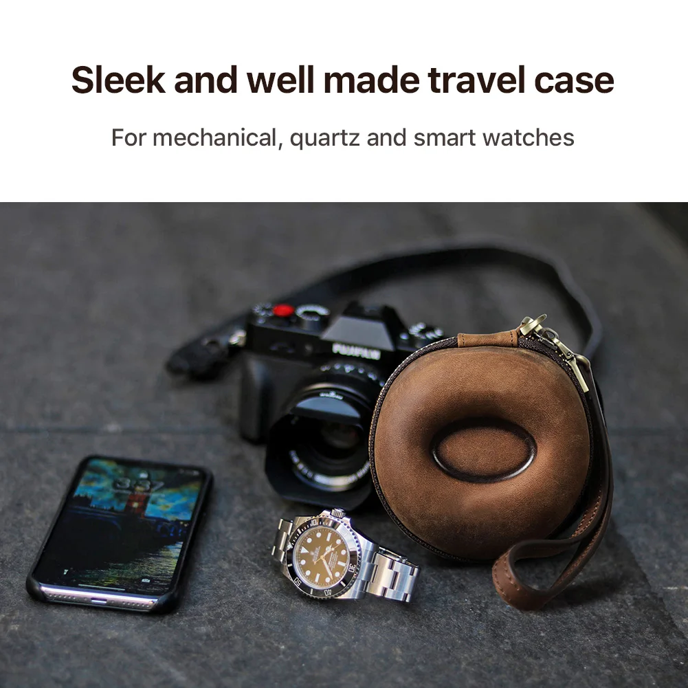 CONTACTS FAMILY Portable Travel Single Watch Case Genuine Leather Zipper Watch Storage Organizer Box Coin Bag Smartwatch Box