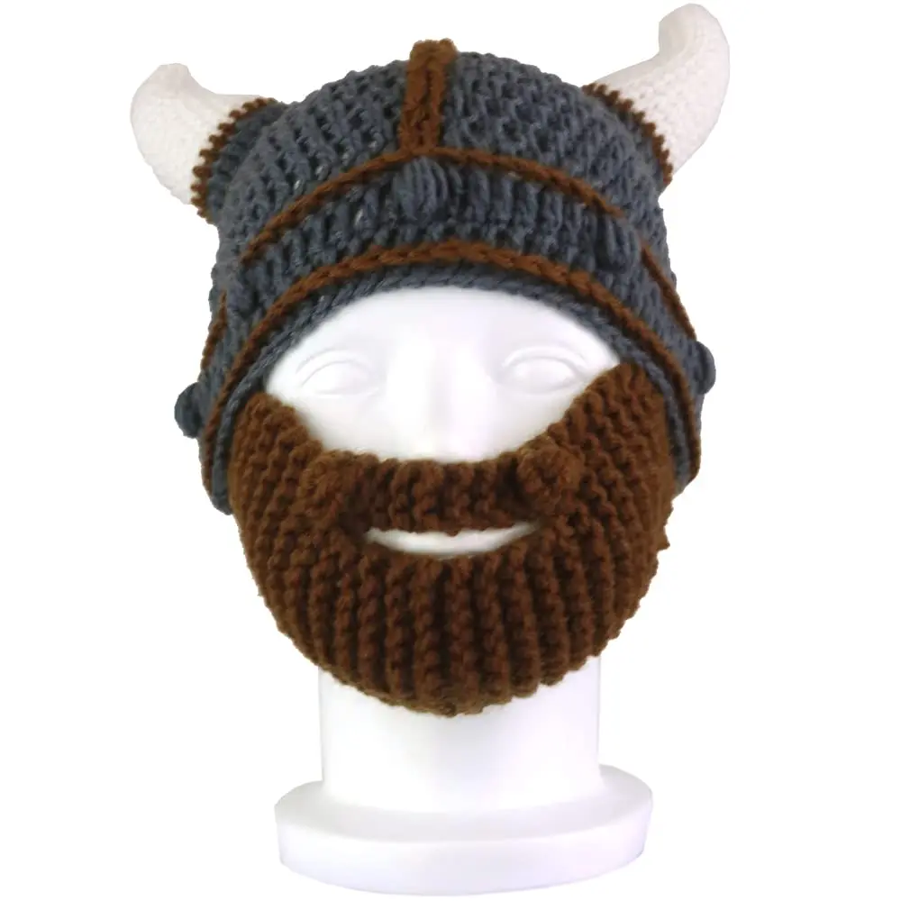 Handmade Knit Helmet and Removable Beard Barbarian Knight Knit Hat Viking Horns Beanie Funny Caps