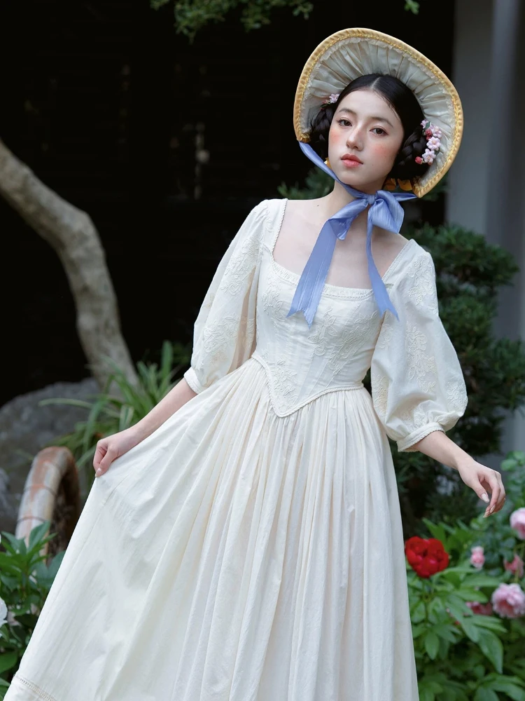 84-92cmBust SpringSummer 100%Cotton Maxi Dress Women Luxury European Edwardian Vintage Court Dress Heavy Embroidered Pure Cotton