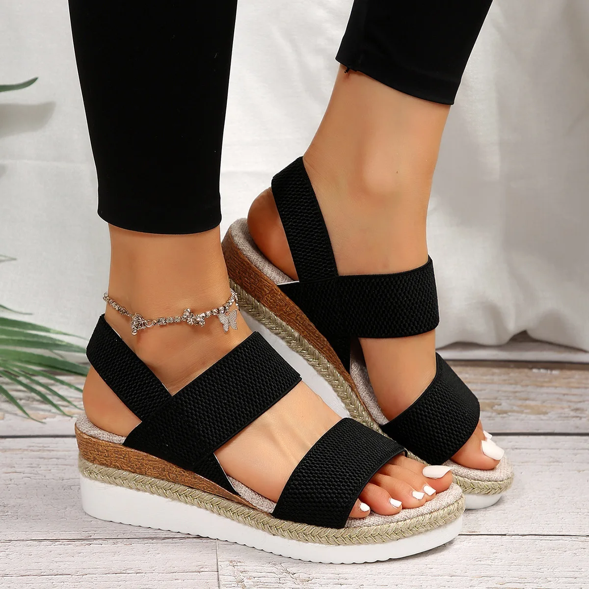 

Big Size 36-43 Women Sandals Platform Wedges High Heel Elastic Band Hemp Rope Sole Summer Footwear Beach Sandal Shoes