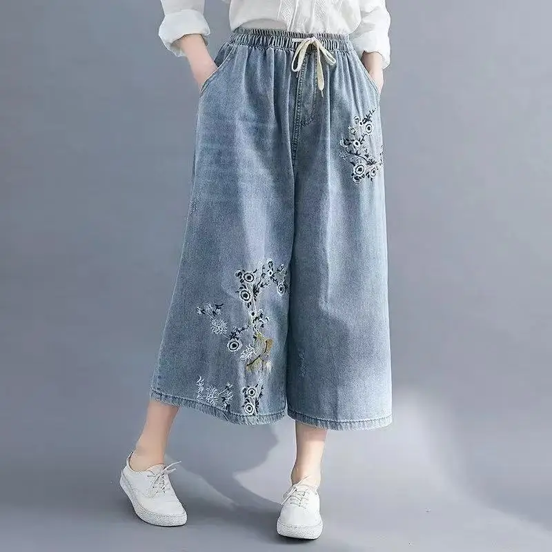 2027 Denim Trousers Wide Leg Pants Oversized Spring Summer Casual Loose Jean Vintage Floral New Jeans Woman High Waist