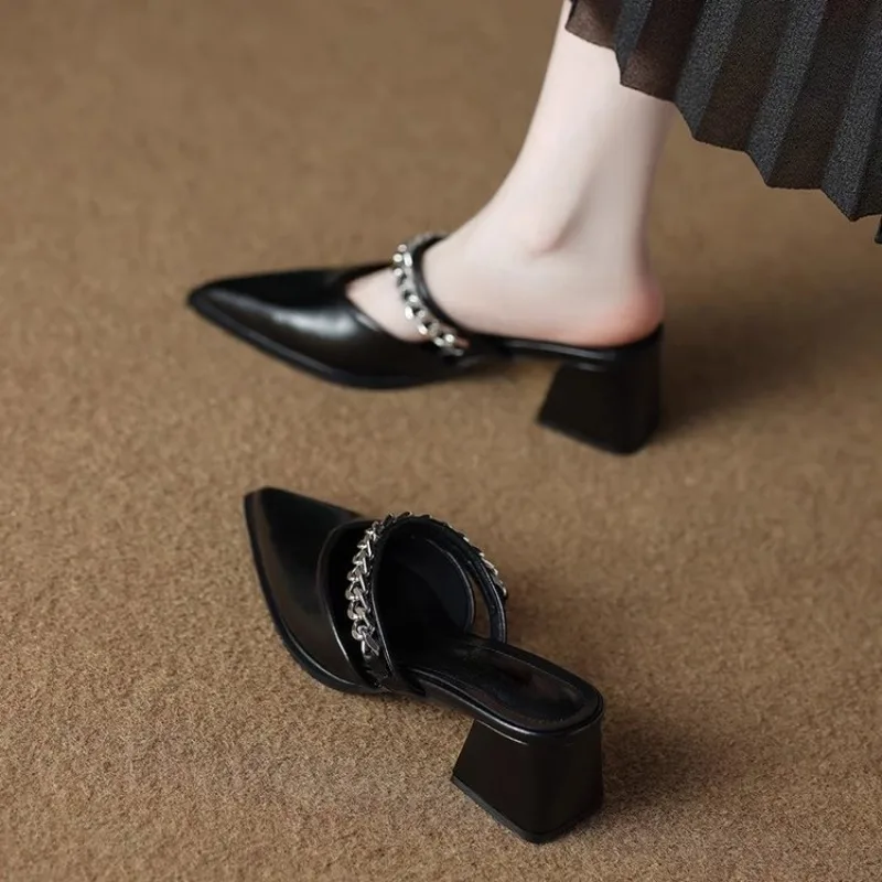 Women's Pointed Toe Mules, Metal Chain Strap Block Heel Slip On Sandals, Elegant Versatile Ladies Backless Pumps for Daily Party