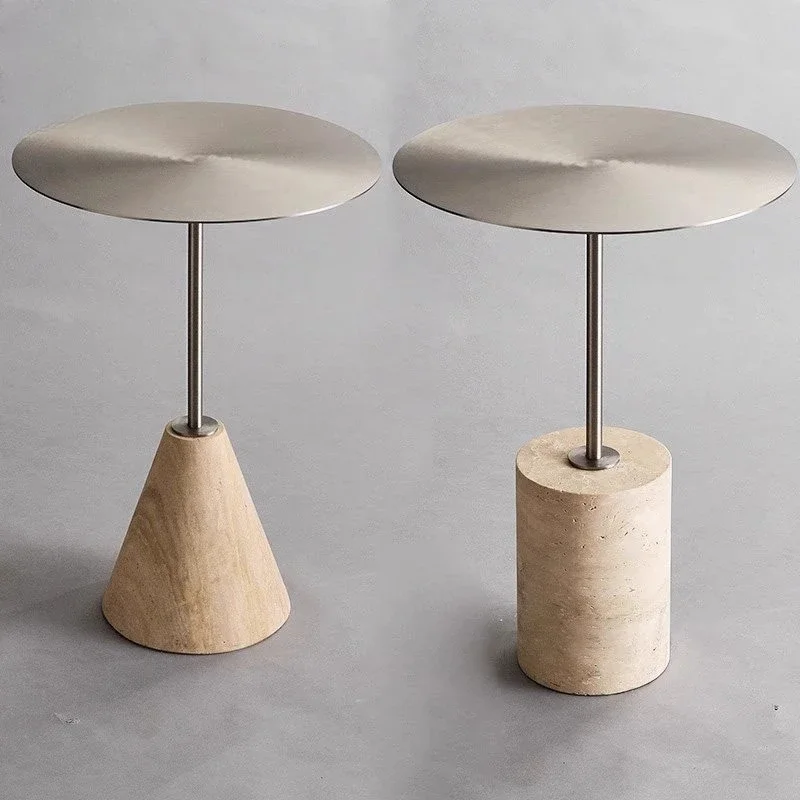 【Natural】Nordic Wabi-sabi Natural Beige Travertine Side Table, Designer Round Corner Table for Living Room, Bedroom & Balcony