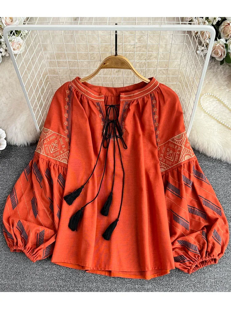 Women Spring Blouse Vintage Ethnic Style Lantern Long Sleeve V-Neck Loose Embroidery Pullover Shirt Foreigner Top D3318