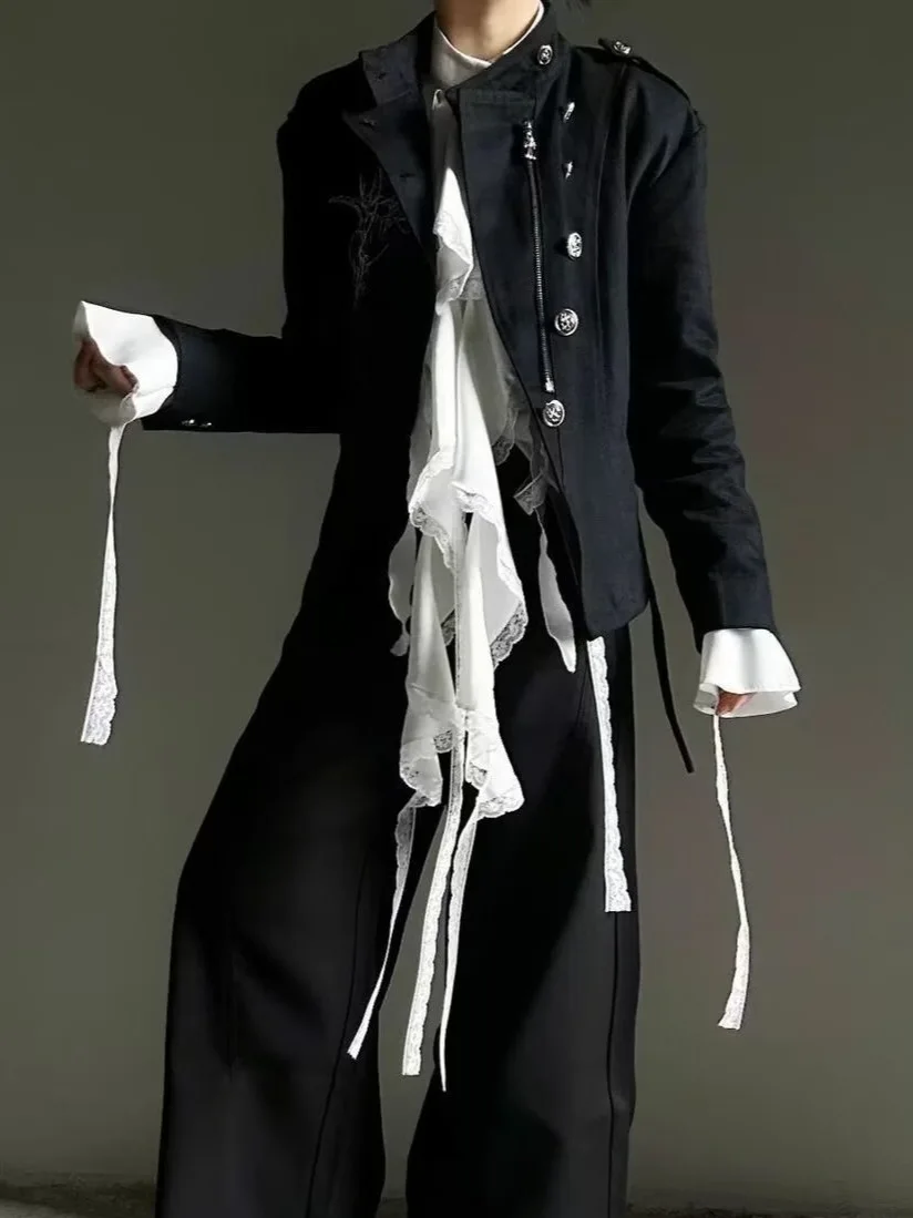 Lace Ruffle Edge Stand Up Collar Shirt Spring Summer Fashionable Retro Gothic Style White Tassel Flared Sleeve Male Shirts