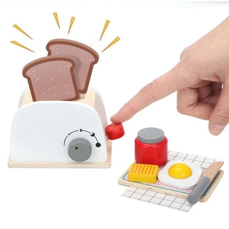 Torradeira de madeira brinquedo jogar acessórios de cozinha jogar comida pão, manteiga, ovo escalfado corte fingir brinquedos para criança