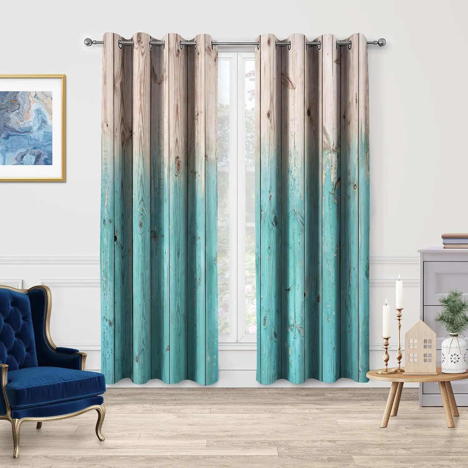 Rustic Farmhouse Wood Panel Curtains Ombre Gradient Blue Coastal Beach Weathered Distressed Window Drapes for Living Room Bedroo
