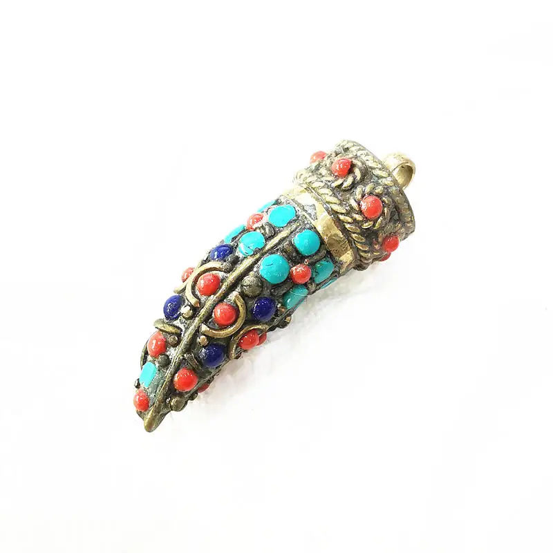 Fang Amulet Pendants Tibetan Ethnic Jewelry Copper Inlay Colorful TBP692
