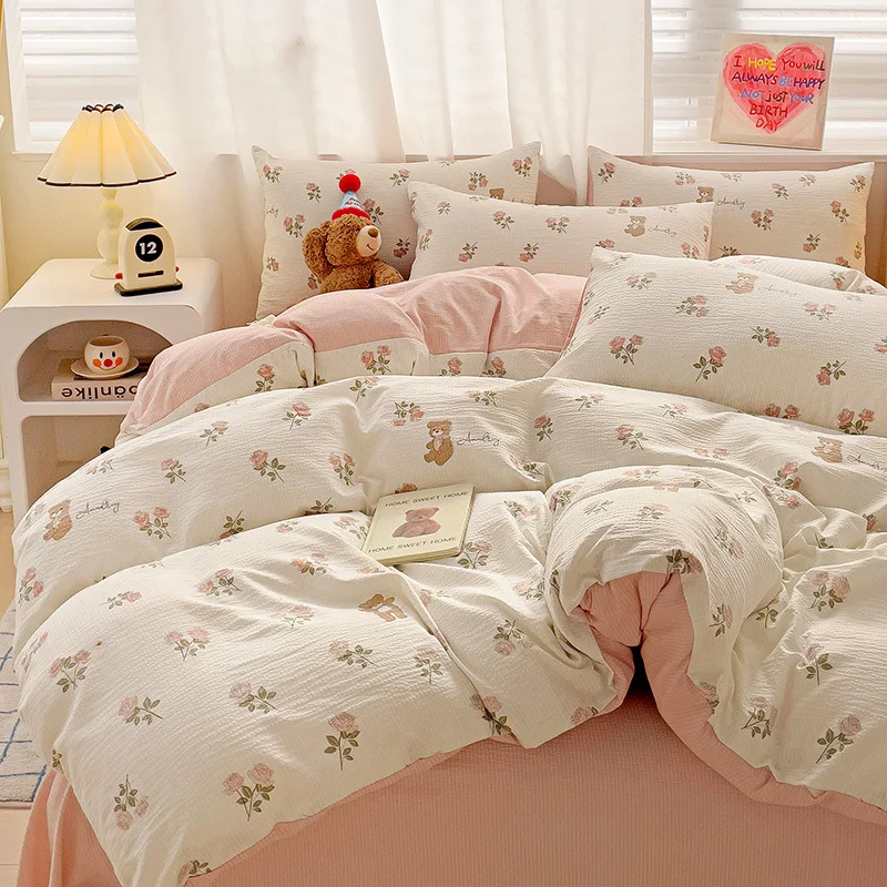 

ins wind class A maternal and infant grade pure bubble cotton bed four-piece set simple bed sheet quilt cover student dormitory