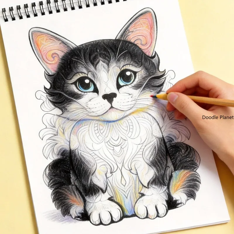 An Adult Meditation and Stress Relief Hand Drawn Cat Themed Graffiti Book, 32 Pages, Thick Paper Large-sized Drawing Book