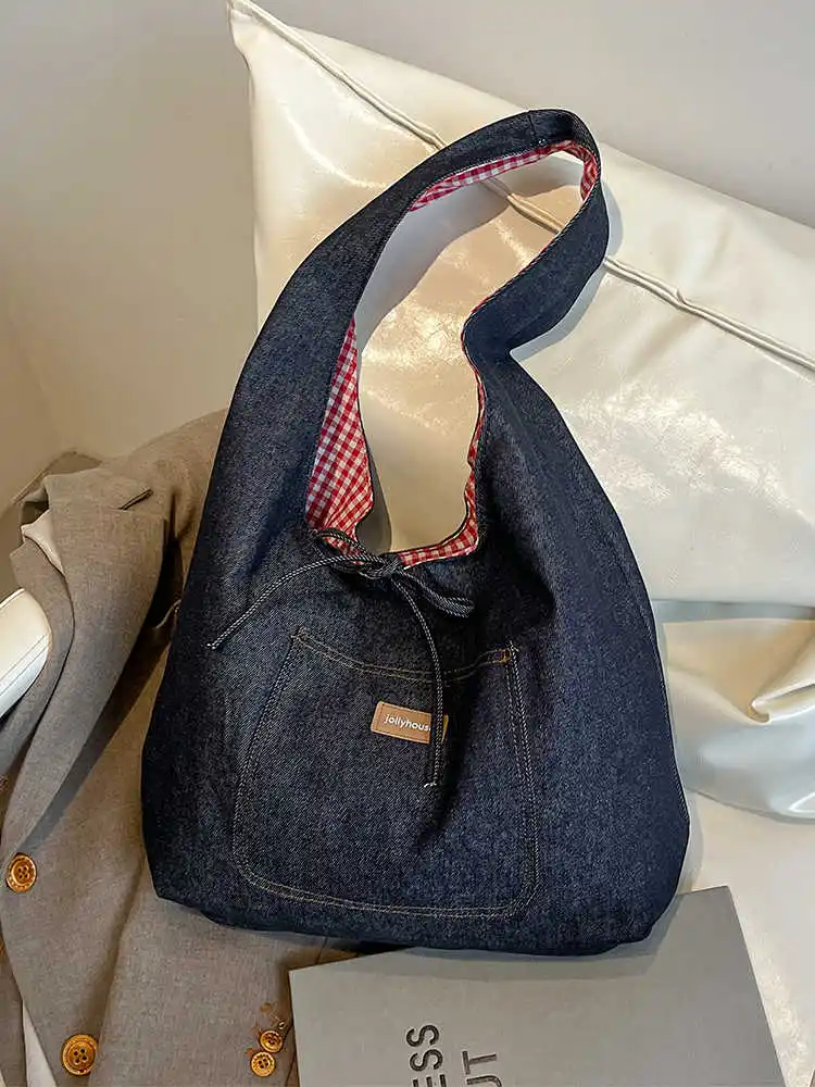 حقيبة يد نسائية من قماش الدنيم 2025 حقيبة كتف مفردة جديدة غير رسمية منقوشة ذات سعة كبيرة حقائب سفر ذات ألوان متباينة شعبية #2