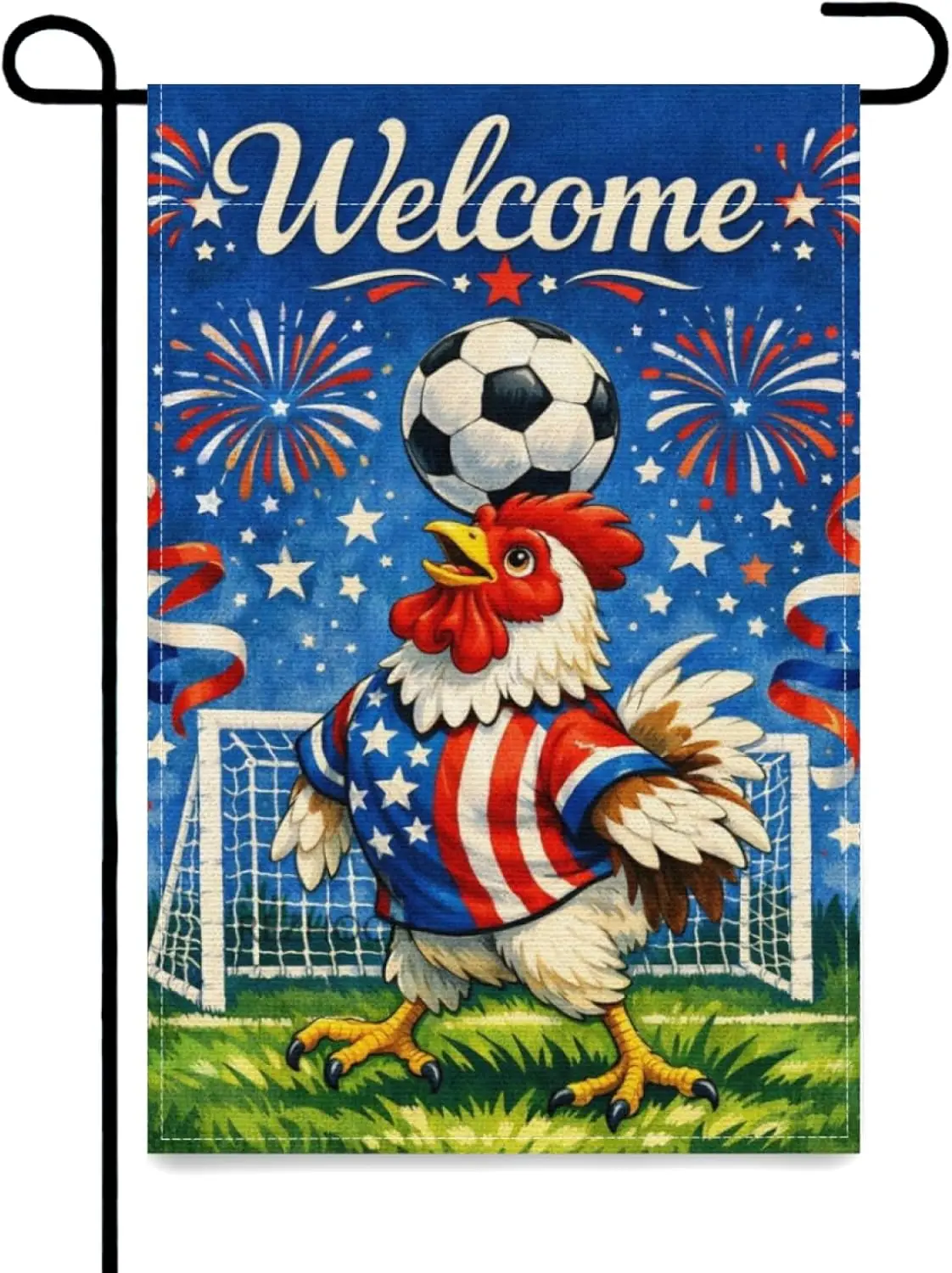 Welcome Funny Chicken Garden Flag 12x18Inch,Boho American Red White Blue Outdoor Yard Decor,Soccer Animal Festive Stars Stri jjp