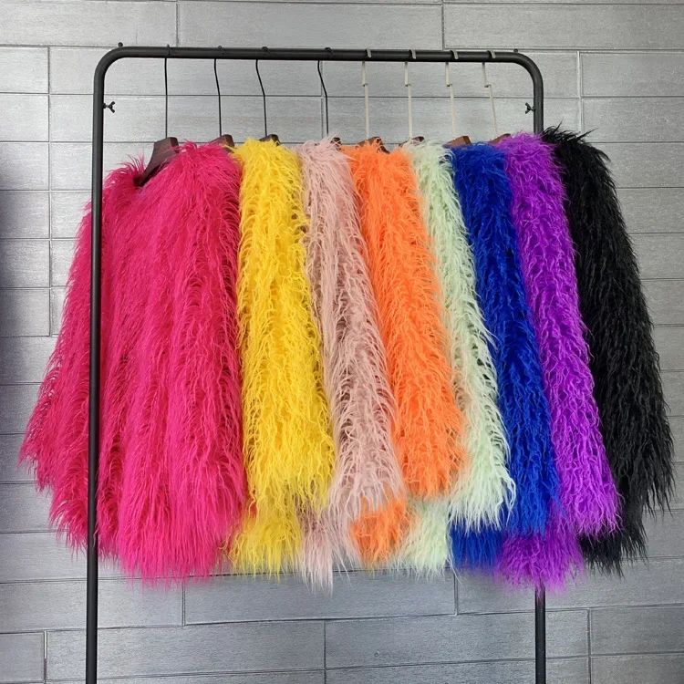 Mongolia Sheep Fur Women Medium Long Coat Jacket Colorful Warm Faux Fur Plush Coats Female Jacket Autumn Winter Furry Outerwear