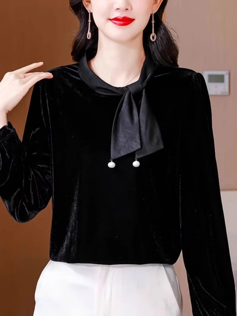 Top de terciopelo con lazo de estilo francés para mujer primavera Otoño e Invierno 2025 Retro de gama alta versátil camisa de manga larga blusa w1799