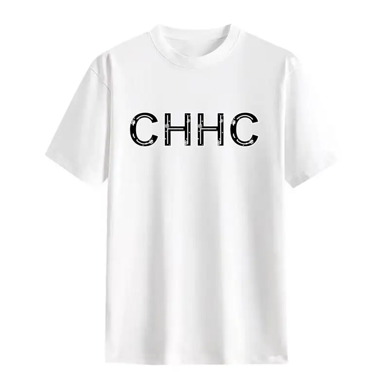 Camiseta CH com letras texturizadas 100% algodão, ajuste confortável, design de impressão exclusivo, top casual unissex para uso diário