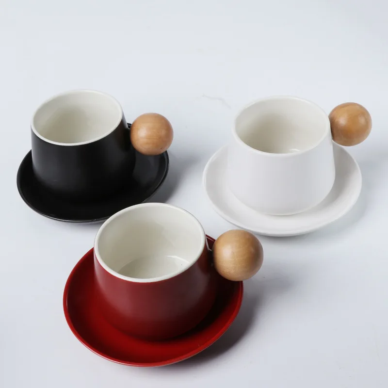 1SET Coffee Cup Saucer Set Expensive Mug Gift Ceramic Vintage Tea Set Wooden Handle Classic Mug Solid Color Ceramic Teacup