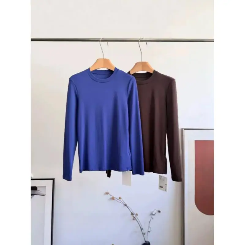 Maxdutti Minimalist Women's Casual Style Round Neck Long Sleeved T-shirt Southern France Slim T-shirt Woman Clothes Shirt Top