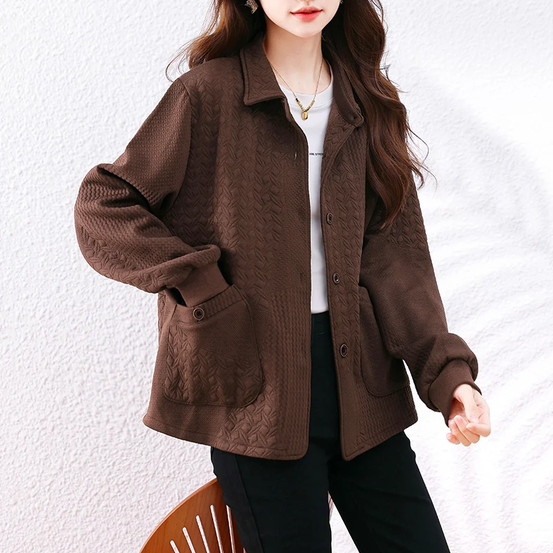 플러스 사이즈 여성용 면 자켓 단색 플립 칼라 자수 탑 다용도 패셔너블 봄 가을 착용